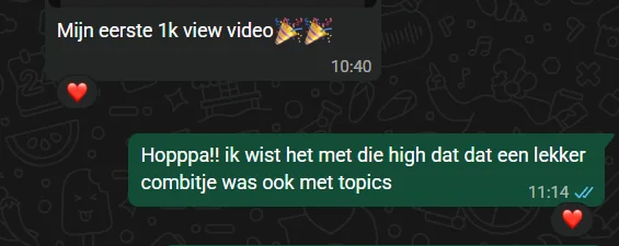 WhatsApp-bericht: 'Mijn eerste 1k view video'