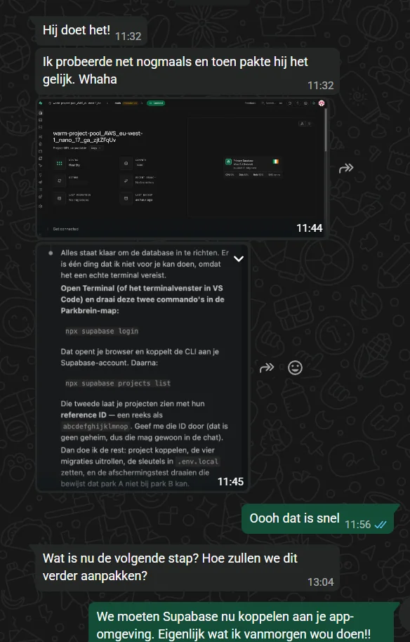 WhatsApp-gesprek: 'Hij doet het!', iemand die met hulp zijn app aan de database koppelt