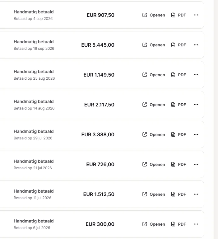 Betaalde facturen voor opdrachten, van €726 tot €5.445